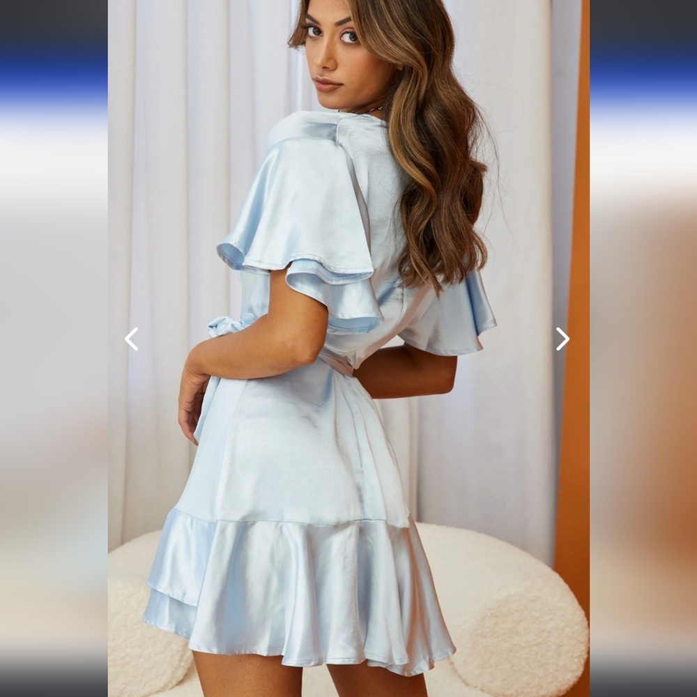 SOLD Selfie Leslie CAMI ANGEL SLEEVE FAUX WRAP DRESS STEEL BLUE - Picture 4 of 16